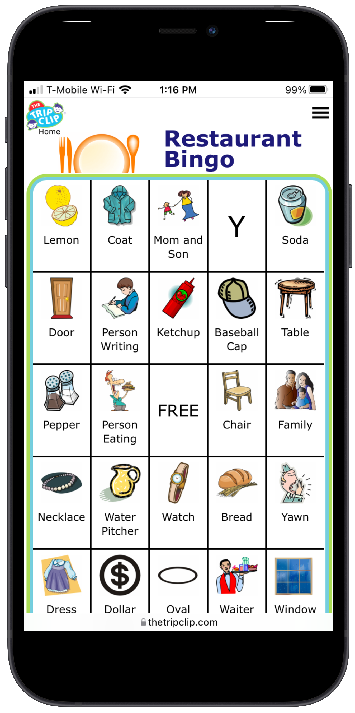 RestaurantBingo board with FREE space and 24 pictures of things commonly found in a restaurant